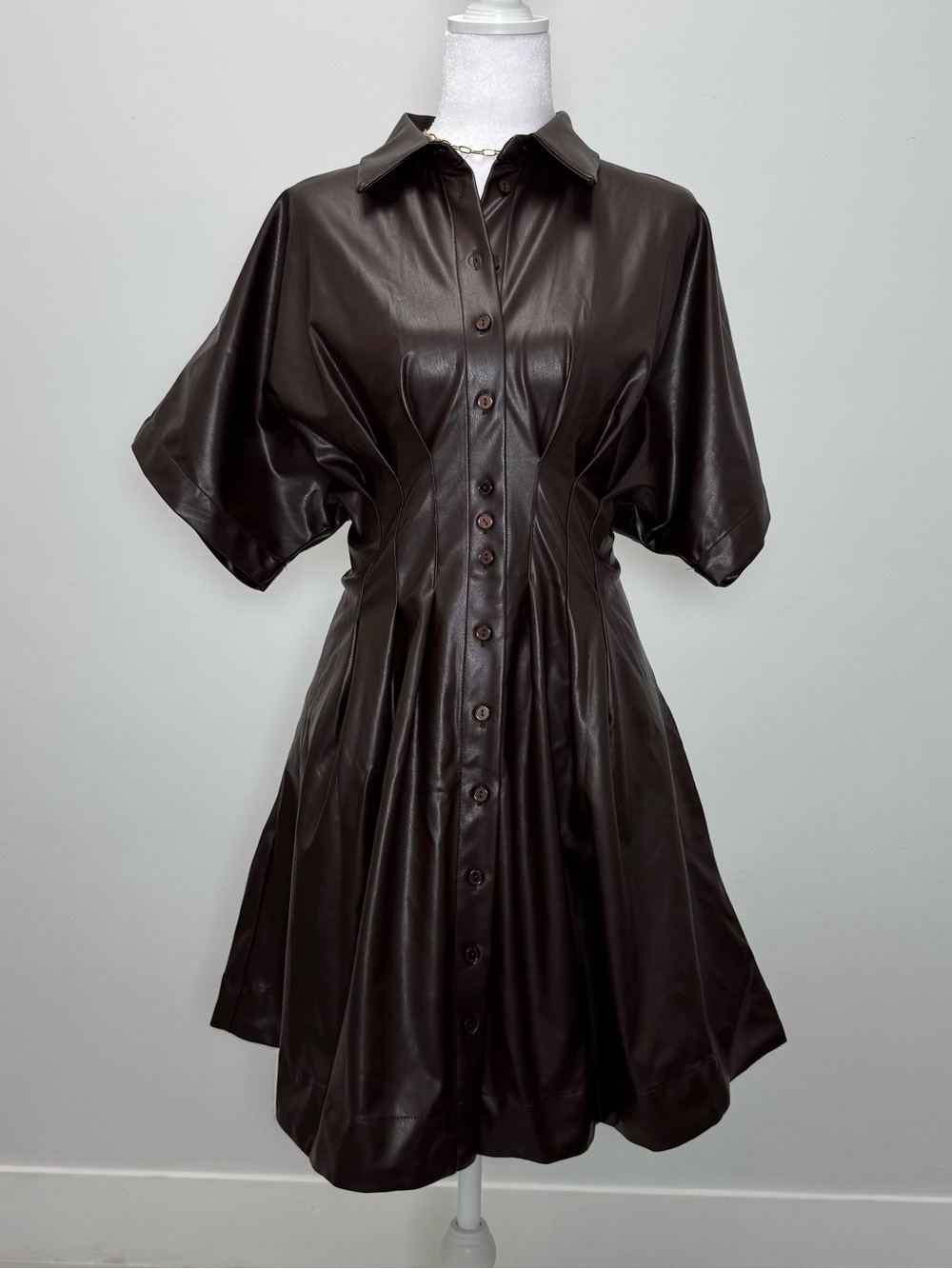 Anthropologie Western Glam Exquise Faux Leather Mini Shirt Dress NWT M Brown - Picture 7 of 10